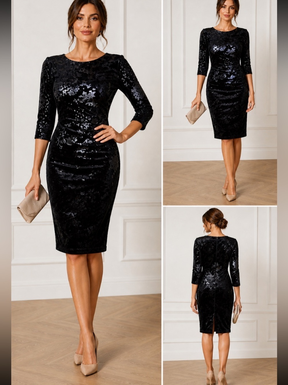 Eliza J navy Sequin Long Sleeve Dress velour dress size 6 Classic Evening Style - Picture 1 of 5